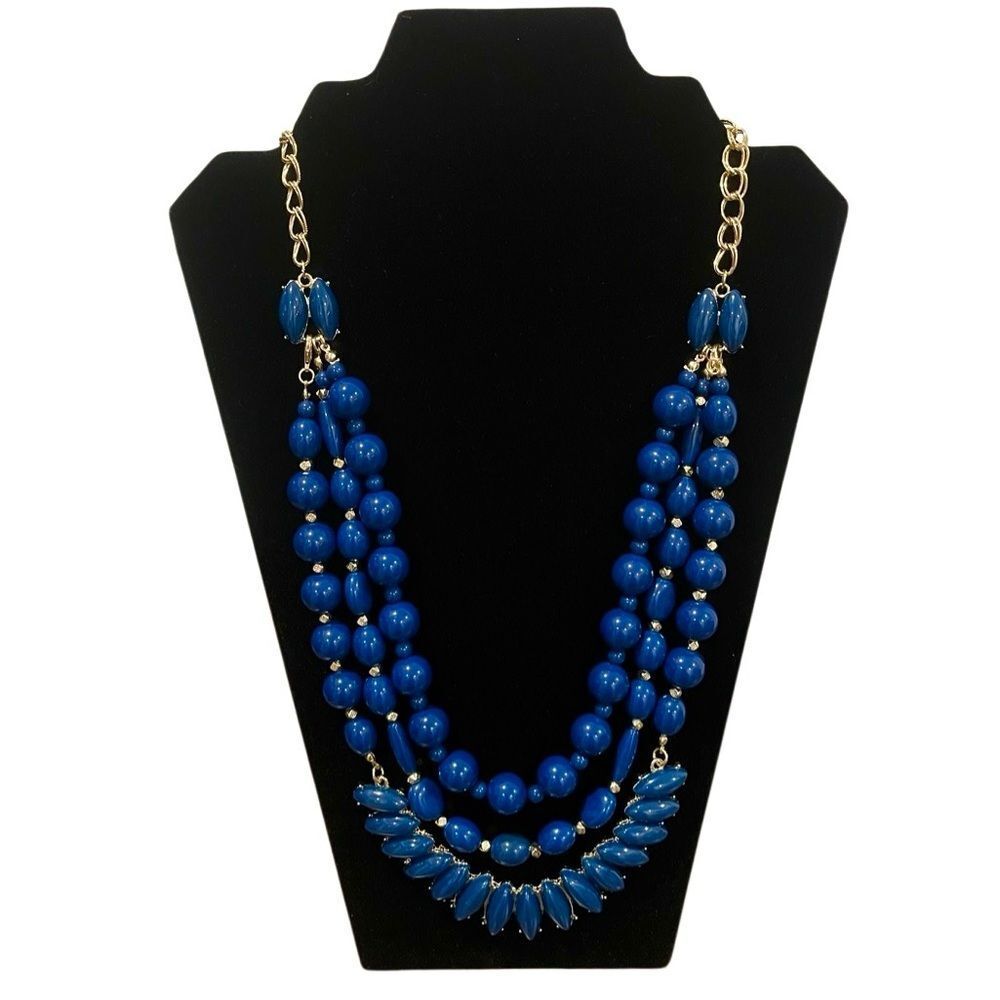 Premier Designs Blue Beaded Multi-Strand Necklace w/ Gold Accents